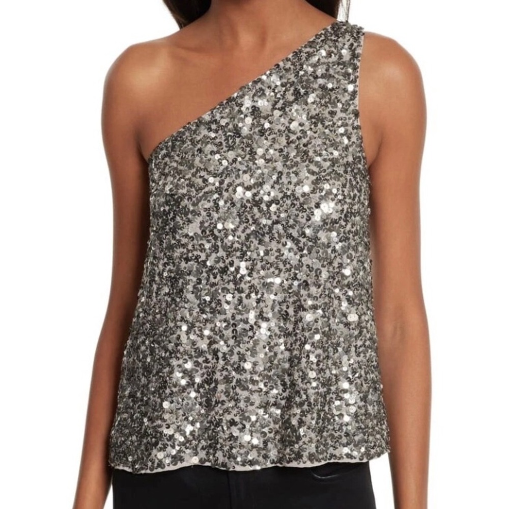 NWT Joie Sequin Top Sleeves Tank Hedra One-Shoulder Silver Gray Metallic  sz S